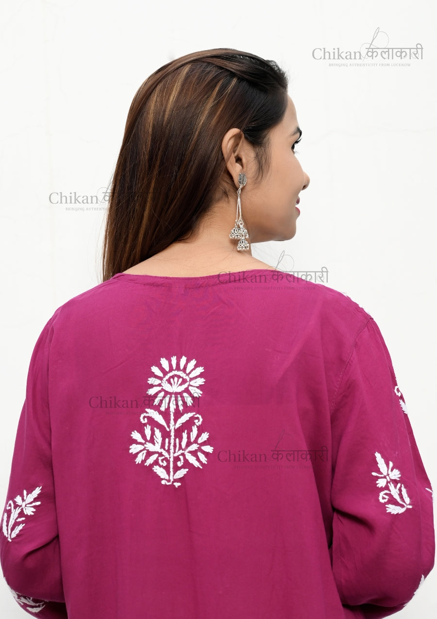 Preksha Modal Chikankari Kurti Wine Back | lucknowi chikankari kurti | lakhnavi kurta | chicken curry kurti | lakhnavi kurti