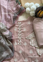 Adaa Dusty Pink Cotton Threadwork Straight Kurta With Palazzos & Dupatta