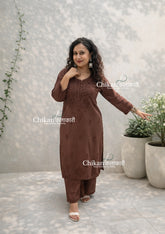 Adah Cotton Chikankari Kurti Set - Brown