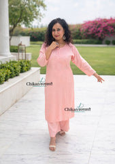 Adah Cotton Chikankari Kurti Set - Peachy Pink