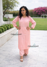Adah Cotton Chikankari Kurti Set - Peachy Pink