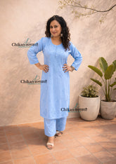 Adah Cotton Chikankari Kurti Set - Powder Blue