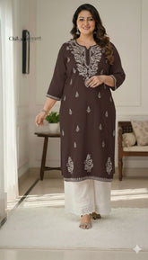 Adira Brown Cotton Chikankari Kurti - Plus Size