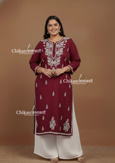 Adira Maroon Cotton Chikankari Kurti - Plus Size