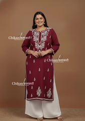 Adira Maroon Cotton Chikankari Kurti - Plus Size