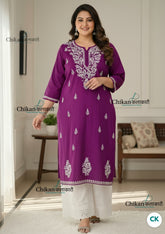 Adira Wine Cotton Chikankari Kurti - Plus Size