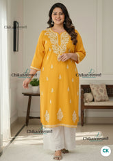 Adira Yellow Cotton Chikankari Kurti - Plus Size