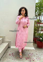 Ahaana Rayon Chikankari Kurti Set - Pastel Pink
