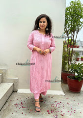 Ahaana Rayon Chikankari Kurti Set - Pastel Pink