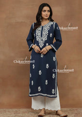 Aiza Cotton Chikankari Kurti - Blue