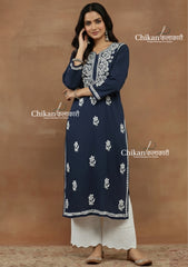 Aiza Cotton Chikankari Kurti - Blue