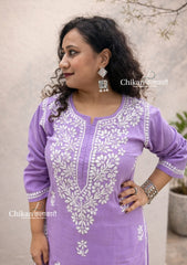 Aiza Cotton Chikankari Kurti - Light Purple