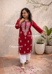 Aiza Cotton Chikankari Kurti - Maroon