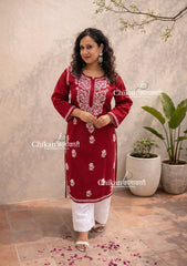 Aiza Cotton Chikankari Kurti - Maroon