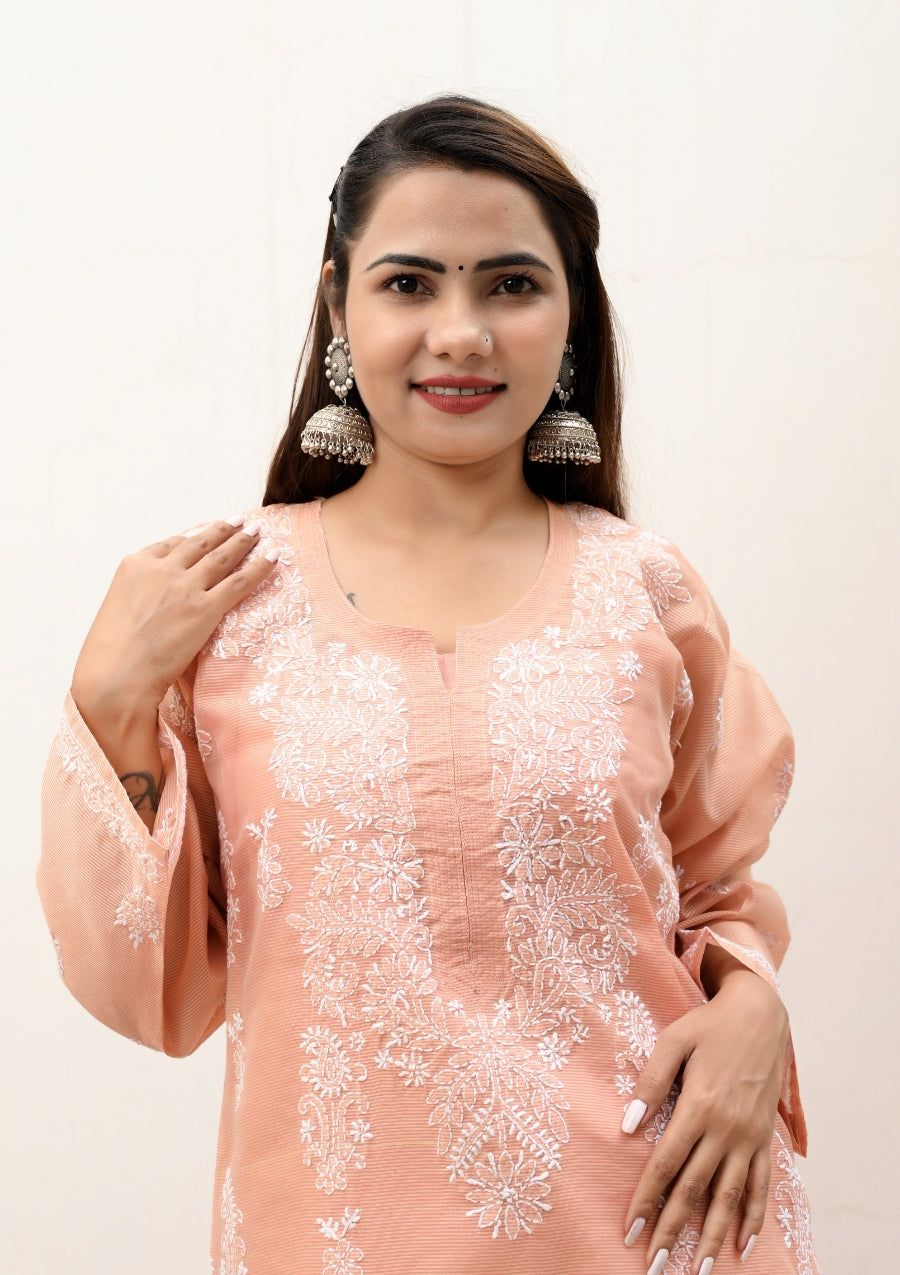 Alina Chikankari Premium Chanderi Kurti | lakhnavi kurti | lakhnavi kurta | chicken curry kurti | lucknowi chikankari kurti