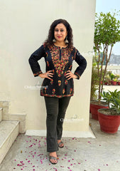 Amara Cotton Black multi Short Chikankari Kurti