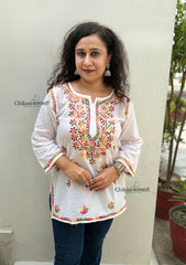 Amara Cotton White multi Short Chikankari Kurti