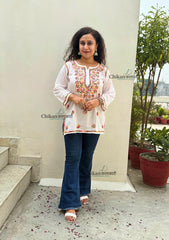 Amara Cotton White multi Short Chikankari Kurti