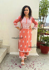 Arzoo Rayon Chikankari Kurti Set - Peach