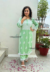 Arzoo Rayon Chikankari Kurti Set - Green