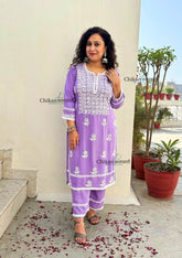 Ayat Rayon Chikankari Kurti Set - Lavender