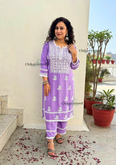 Ayat Rayon Chikankari Kurti Set - Lavender
