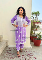 Ayat Rayon Chikankari Kurti Set - Lavender