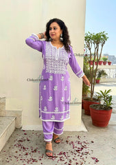 Ayat Rayon Chikankari Kurti Set - Lavender