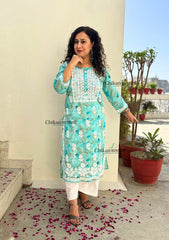 Falak Blue Mulmul Chikankari kurti
