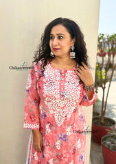 Falak Carrot Pink Mulmul Chikankari kurti