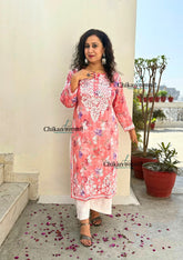 Falak Carrot Pink Mulmul Chikankari kurti