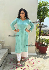Firoza Cotton Chikankari Kurti - English Green