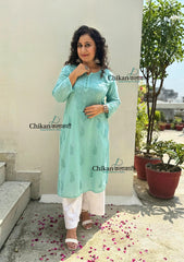 Firoza Cotton Chikankari Kurti - English Green