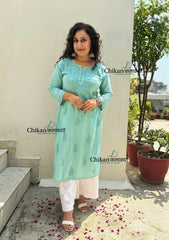 Firoza Cotton Chikankari Kurti - English Green