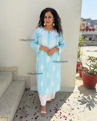 Gauhar Cotton Chikankari kurti - Sky Blue