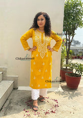 Geet Cotton Chikankari Kurti - Mustard Yellow