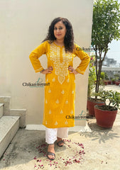 Geet Cotton Chikankari Kurti - Mustard Yellow