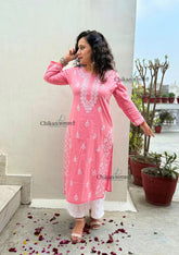 Meera Cotton Chikankari Kurti - Coral Pink