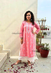 Meera Cotton Chikankari Kurti - Coral Pink