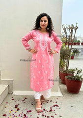 Meera Cotton Chikankari Kurti - Coral Pink