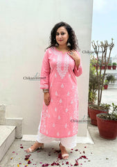 Meera Cotton Chikankari Kurti - Coral Pink