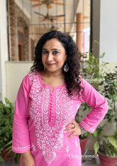 Geet Cotton Chikankari Kurti - Candy Pink