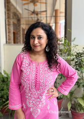 Geet Cotton Chikankari Kurti - Candy Pink