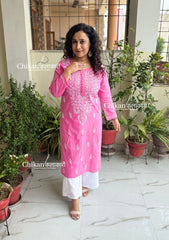 Geet Cotton Chikankari Kurti - Candy Pink