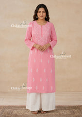 Geet Cotton Chikankari Kurti - Coral Pink