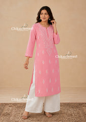 Geet Cotton Chikankari Kurti - Coral Pink