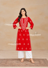 Geet Cotton Chikankari Kurti - Red