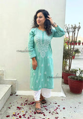 Geet Cotton Chikankari Kurti - English Green