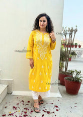Geet Cotton Chikankari Kurti - Yellow