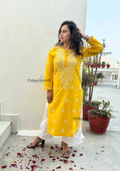 Geet Cotton Chikankari Kurti - Yellow